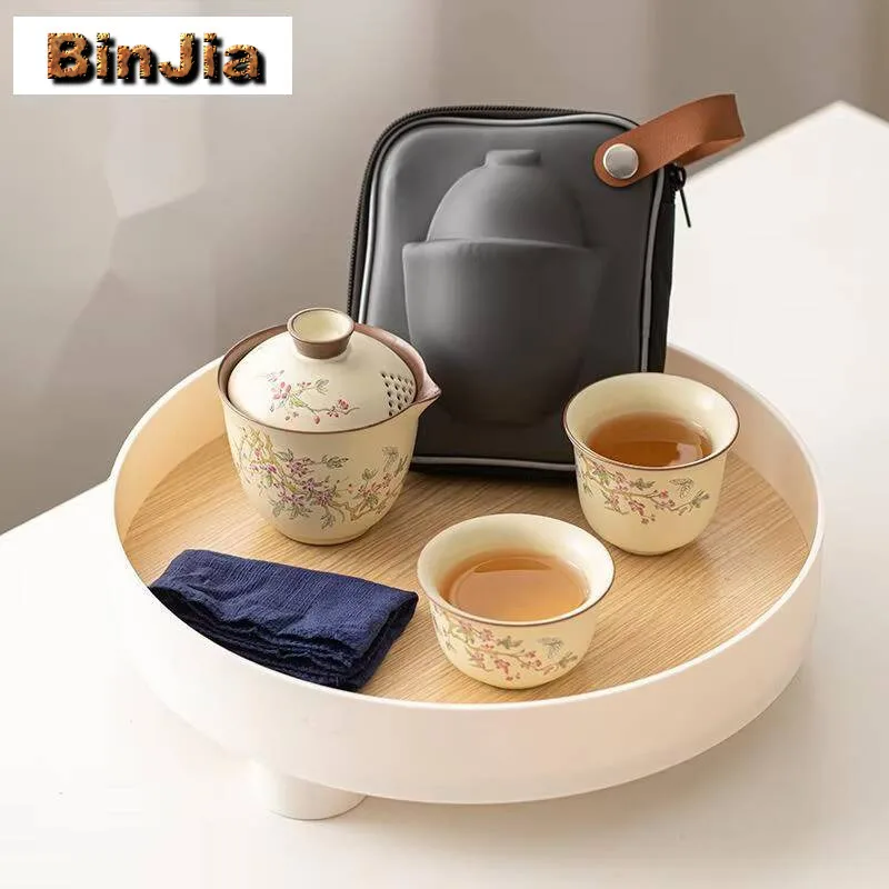 

Boutique Wisteria Ru Kiln Porcelain Tea Set Kit Elegant 1 Pot 3 Cups Household Making Outdoor Portable Organizer Ornaments Gift