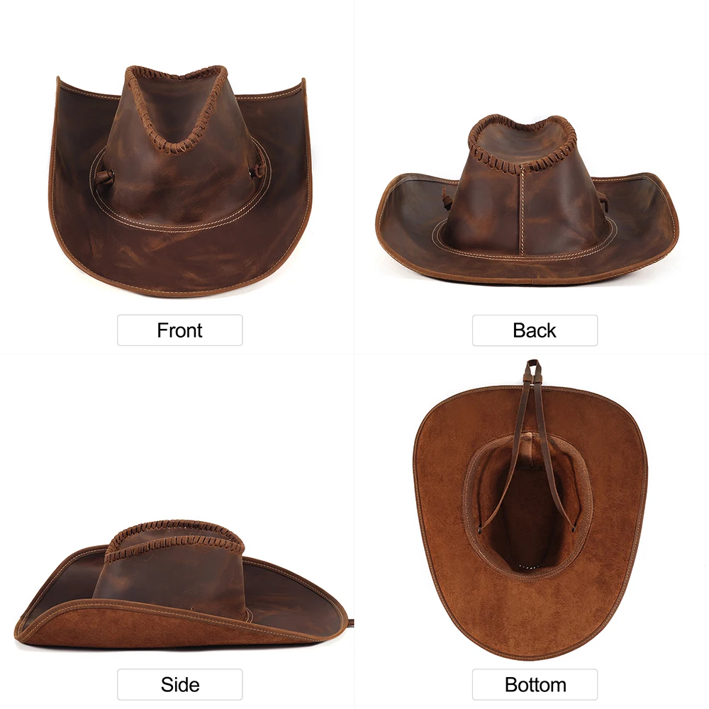 JOYIR Genuine Leather Men Western Cowboy Hat Vintage Cap Handcrafted Western Shapeable Durable Large 60CM Outback Hat New