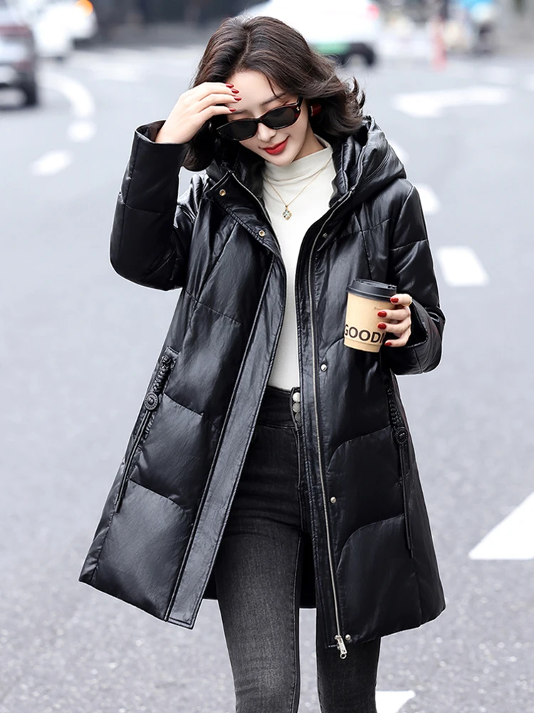 

Женское модное пальто свободного кроя из натуральной овчины с капюшоном, средней длины, зимнее, теплое, утолщенное, на молнии