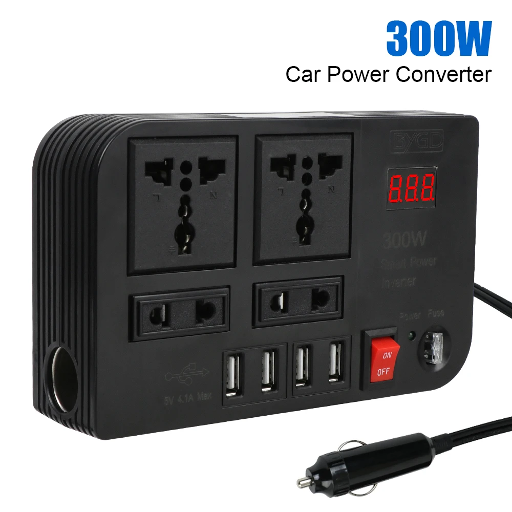 

300W RV Inverter 12V Cigar Lighter Adapter Car Splitter Converter With Fuse Switch 4 USB Chargers Ports 4 AC Power Sockets 220V