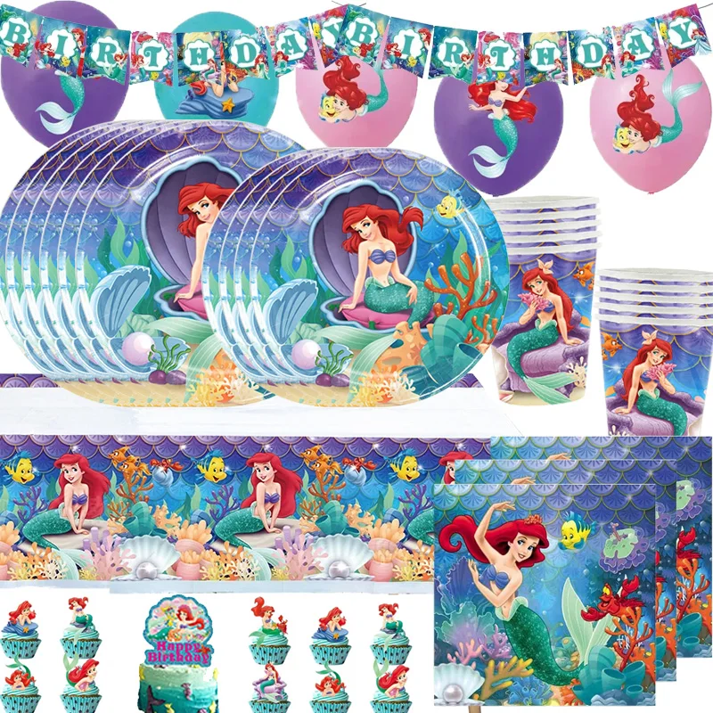 Décoration de ixde la Petite Sirène Princesse Ariel, Fournitures de ixd'Anniversaire pour Enfant Fille, Serviette en Papier, Assiette, Tasse, Nappe, Ballons