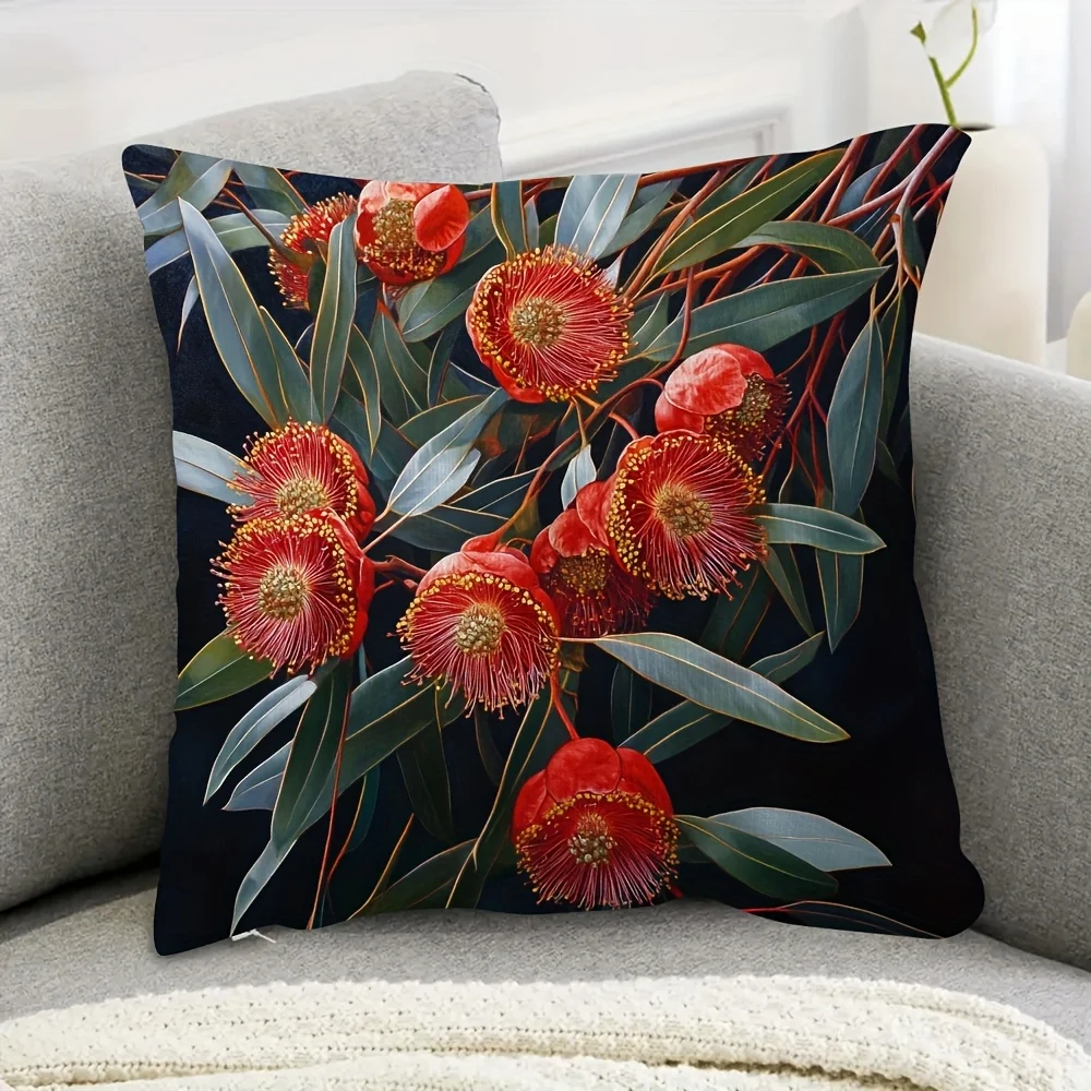 1pc Red Eucalyptus Flower Pillow Cover, Polyester 2D Double-Sided Print, Vibrant Australian Native Floral Art, Botanical Home De