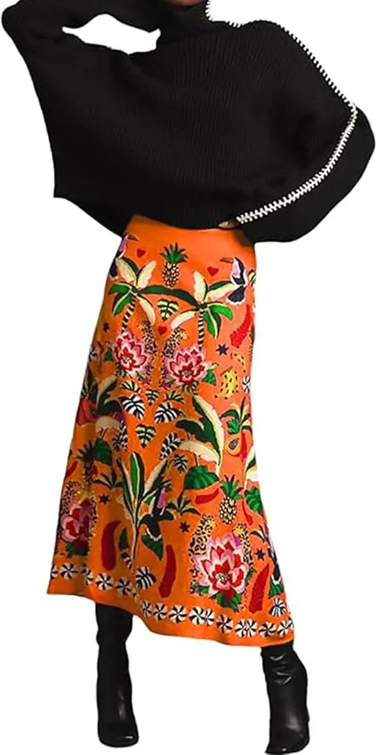

Luxy Trio Women's Tropical Plant Print Satin Midi Skirt Festive Floral Spring Summer Boho Travel Skirts