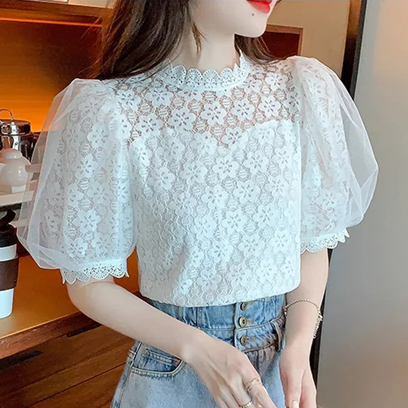بلوزة دانتيل بأكمام قصيرة للنساء ، بلوزة أنيقة بياقة عالية ، قميص أبيض ، حلو ، زهرة ، كروشيه ، الصيف ،