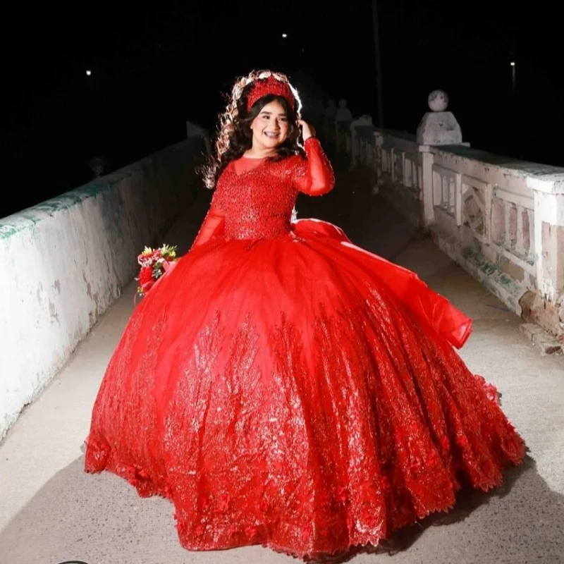 

Shiny Red Quinceanera Dress applique Tull Ball Gown Lace Off Shoulder Long tail Bow vestidos de 15 quinceañera Customized