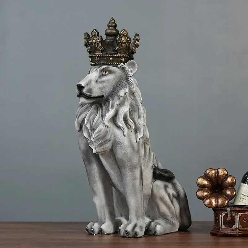 Nordic Floor Decor Crown Lion Sculpture Animal Ground Decoration Furnishings Living Room Office Artwork Resin Ornaments