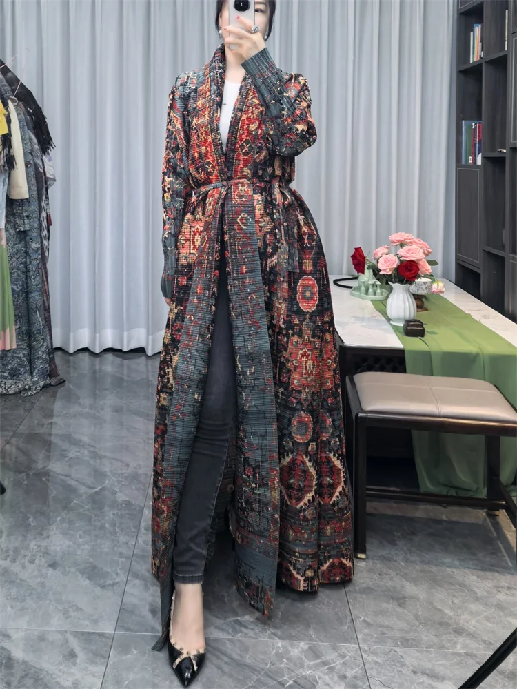 

Abaya Long Trench Coat Miyake Women's Summer Style Elegant Wrinkled Loose Large Size Printed Middle East Cardigan Robe Tide