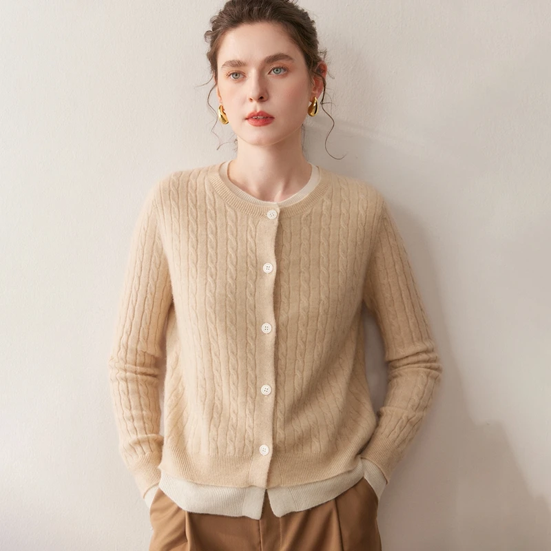 Suéter de cachemira para mujer, cárdigan, Otoño Invierno, 100% de punto de Cachemira, artículo esencial, ropa falsa de dos piezas con cuello redondo, Top