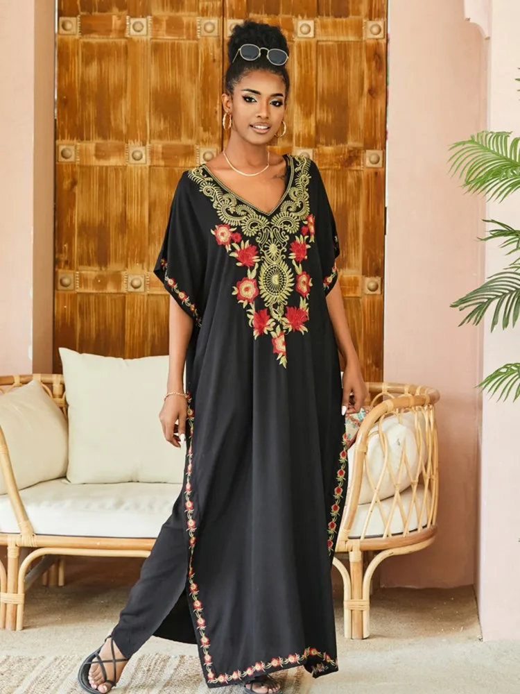 Women Embroidered Kaftan Dress Caftan Loungewear Long Bathing Suit Cover Up Beach Wear Vacation Outfit Loose Summer Women's Robe