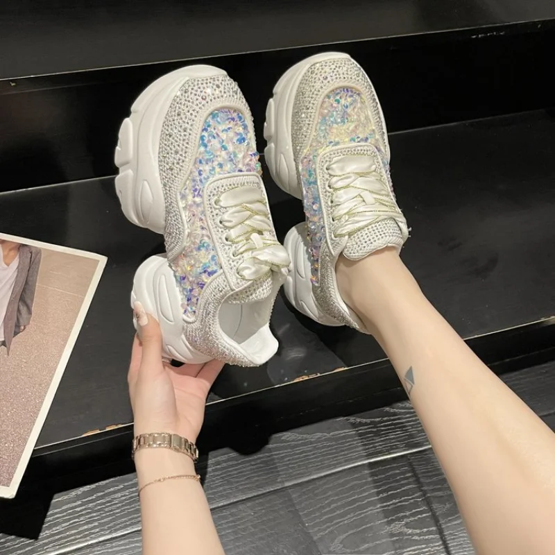 Fashion Shiny Ladies Shoes Sneakers Women Trend 2023 New Spring Platform Lace Up Rhinestone Women Casual Shoes