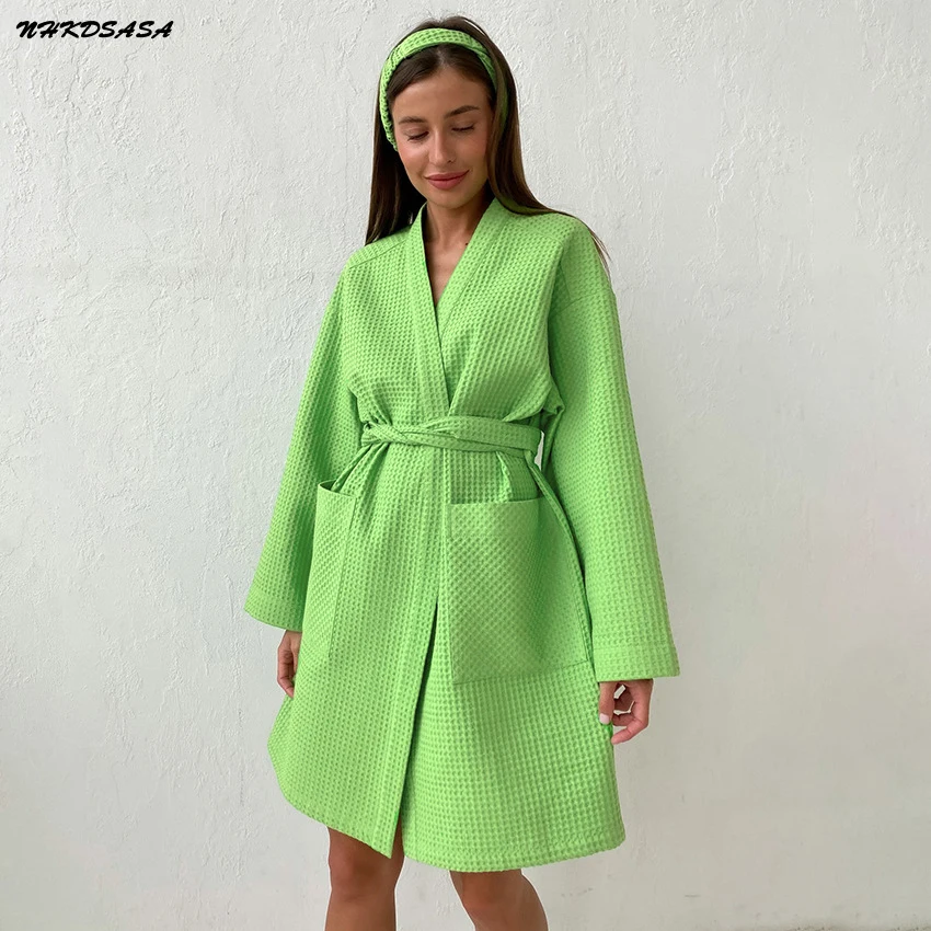 NHKDSASA Casual Green Wrap Dress Woman 2022 Autumn Long Sleeve Lace Up Sexy Robe Fashion V Neck Ruched A Line Mini Dresses