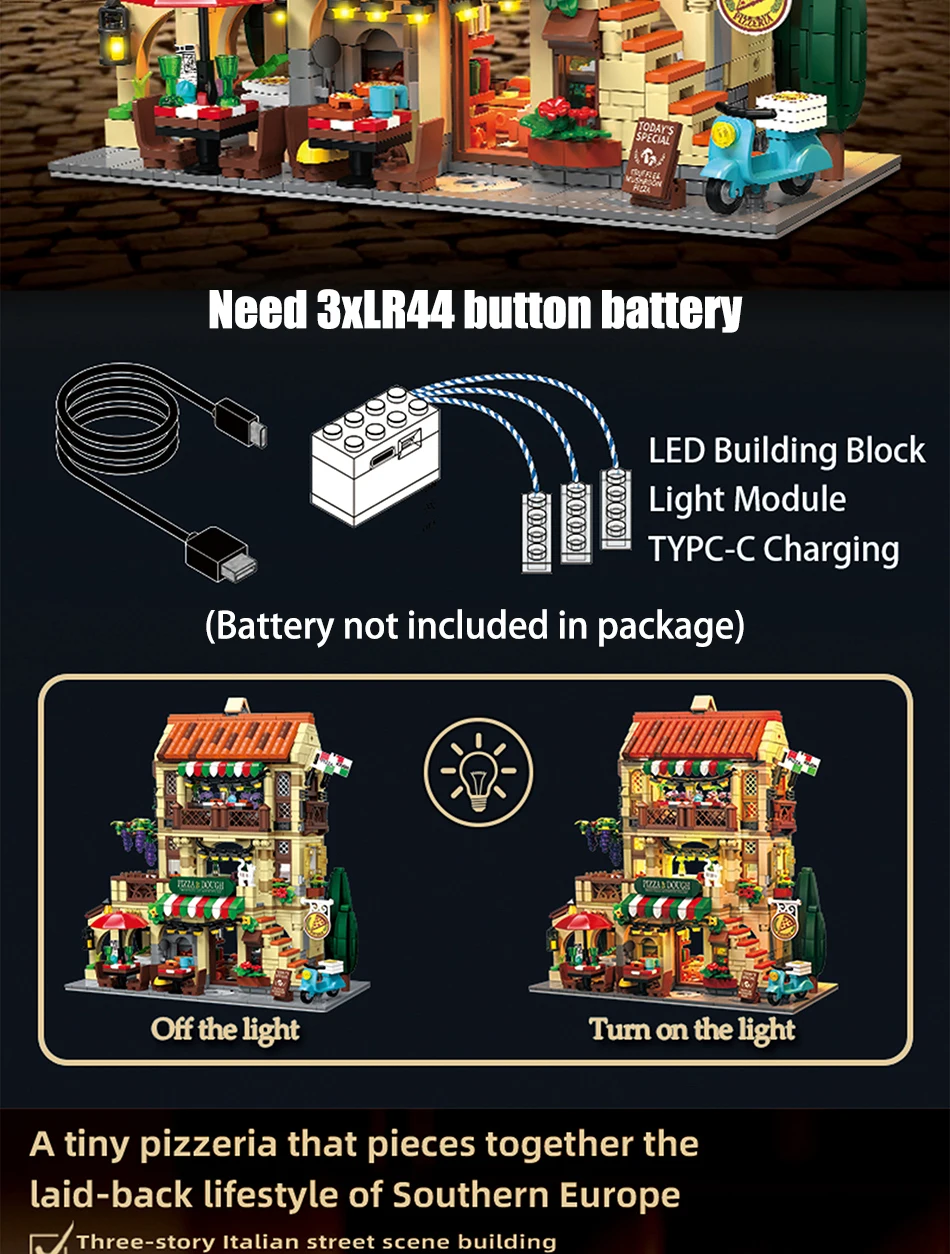City Series MOC 1962pcs Pizza Shop Model Building Blocks DIY Pizza Restaurant Bricks Toys Gifts For Men Boy Desktop Ornament