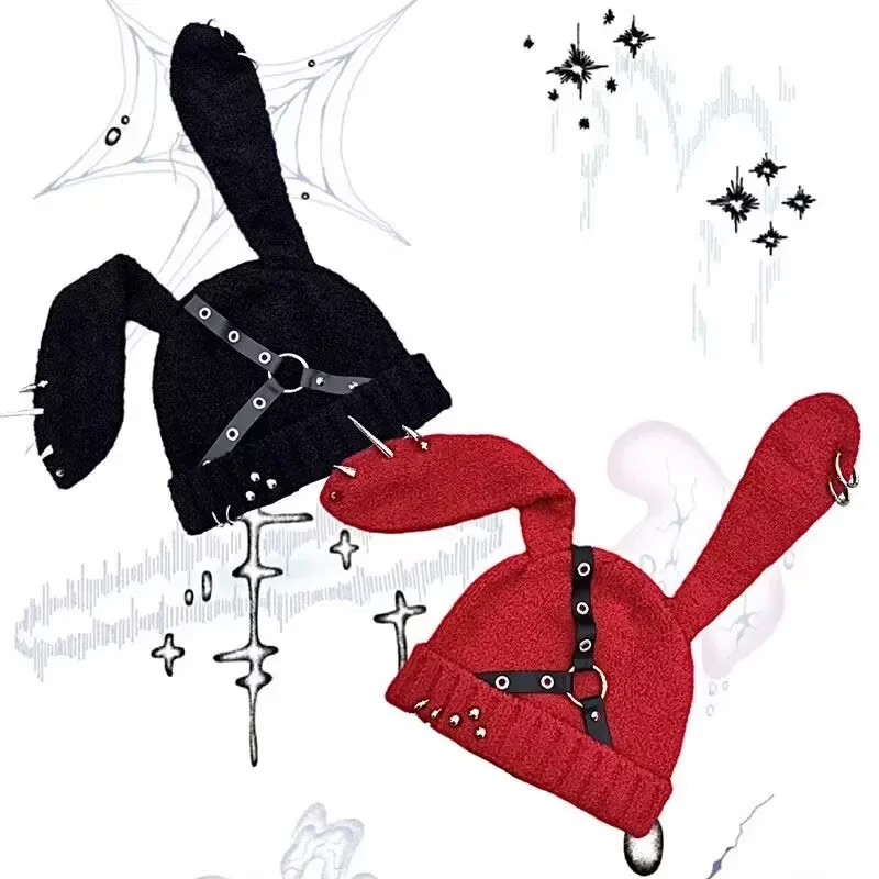 Christmas Rabbit Ear Hat Autumn/Winter Design Violent Piercing Rivet Leather Buckle Subculture Y2k Punk Rabbit Hat