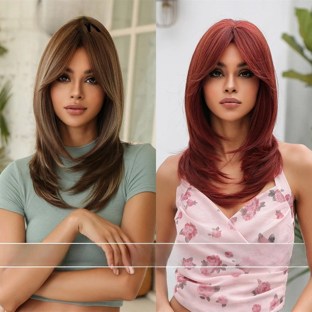 

Layered temperament wig woman, eight-character bangs medium long hair micro-curl simulation natural wig full head hair