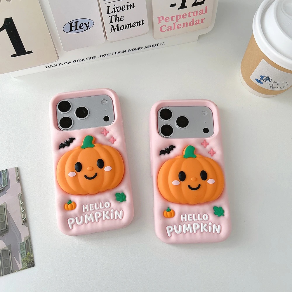 Niedliche 3D-Halloween-Kürbis-Handyhülle aus weichem Silikon für iPhone 18, 17, 16 Pro Max, stoßfest, mit integriertem Ständer, Schutzhülle. – Detail 1