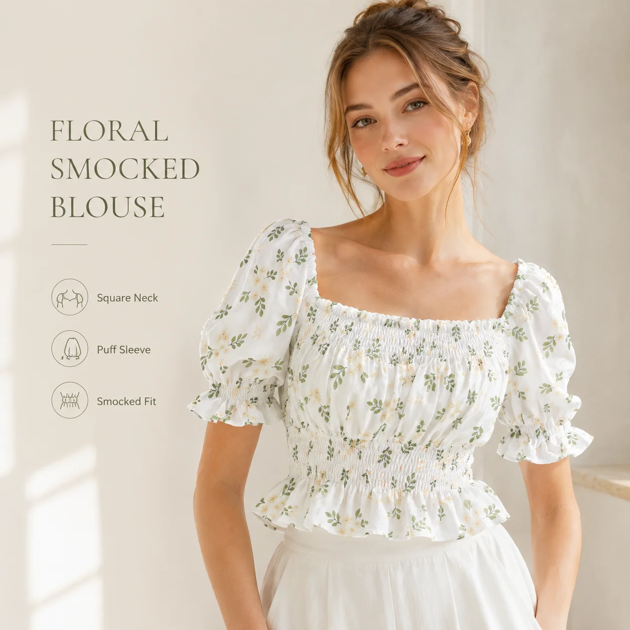 Women Floral Smocked Blouse Square Neck Puff Sleeve Ruffle Peplum Summer Crop Top