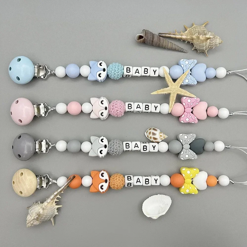 Custom English Acrylic Letter Name Silicone Fox Beads Baby Pacifier Chain Clip Teether Pendants Kawaii Baby Creative Toy Gifts
