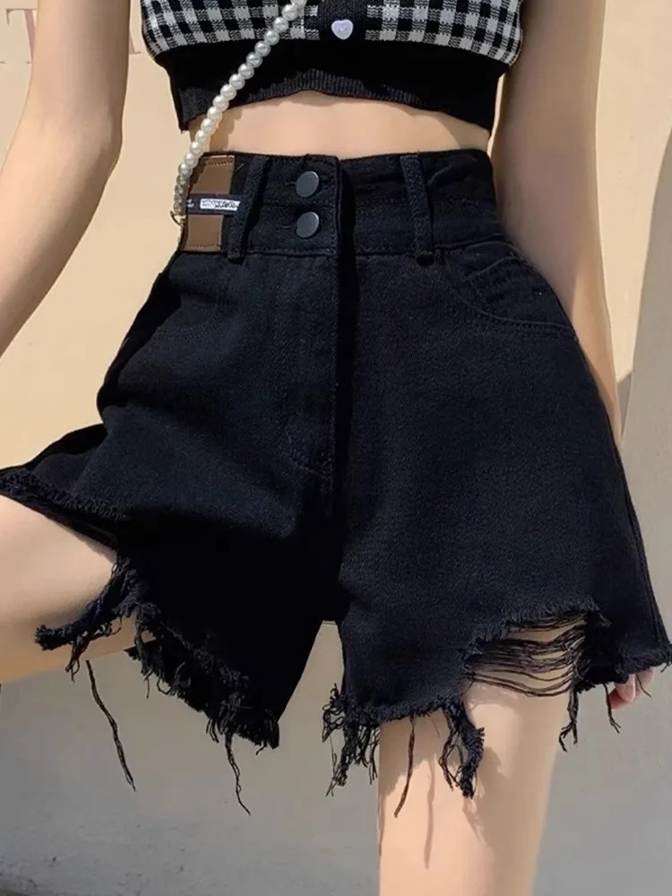 

Black Frayed Hem Hole Denim Shorts Women Summer New Loose Slim High Waist Cover Hip A-Line Wide Leg Hot Pants