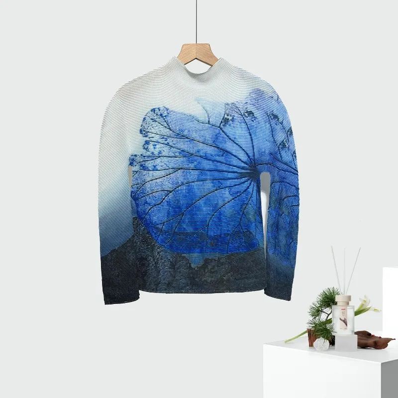 미야케 플리츠 여성용 긴팔 티셔츠 패션 프린트 우아한 하프 하이넥 풀오버 심플 핏 스트레치 플러스 사이즈 의류