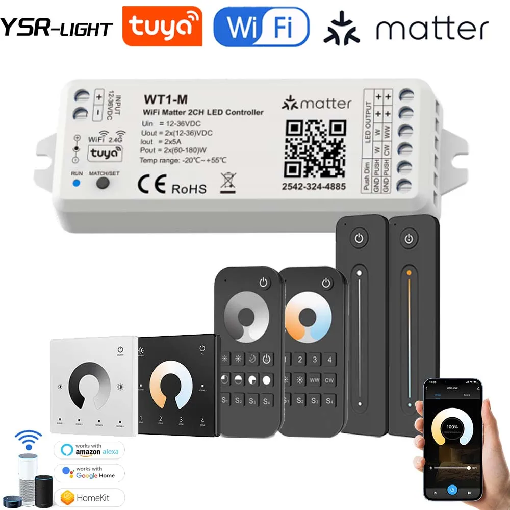 

2CH Matter WiFi светодиодный контроллер WT1-M DC12-36V 5050 COB DIM/CCT световая лента RF Touch Remote для Homekit Smartthings Alexa Google