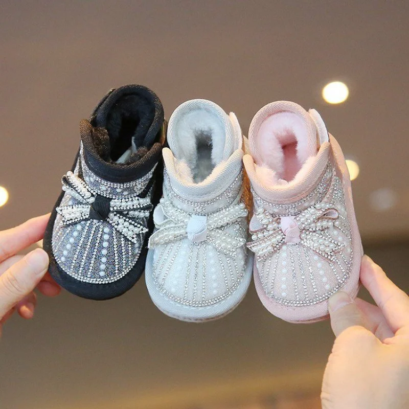 Winter Baby Shoes Pearl rhinestones Infant Toddler Boots Soft Comfortable Rubber Non-Slip Warm Plush Baby Snow Boots