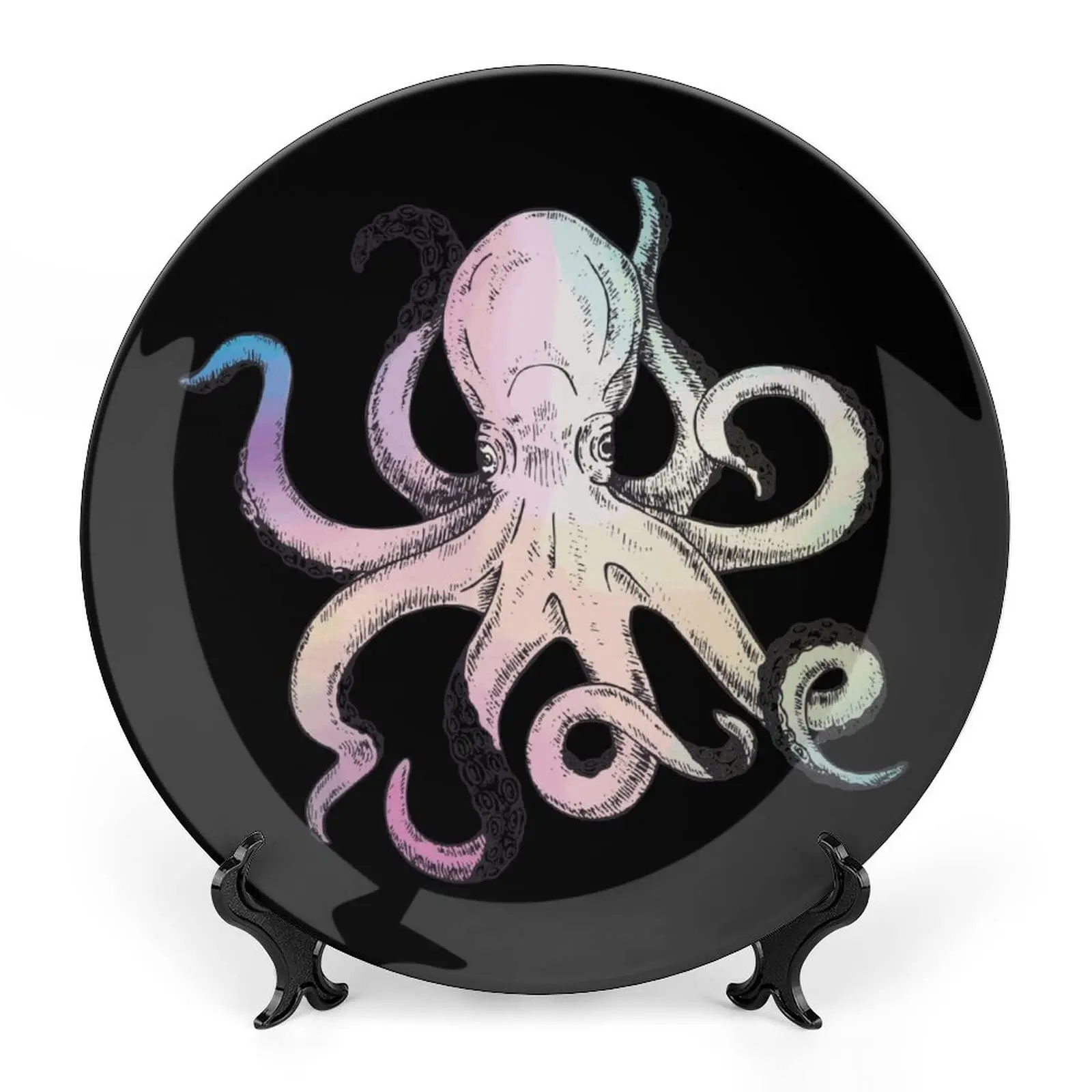 Octopus Decorative Plates for Wall Hanging, Funny Blue Sea Creature, Round Plate with Display Stand, for Home&Office Wall Decors