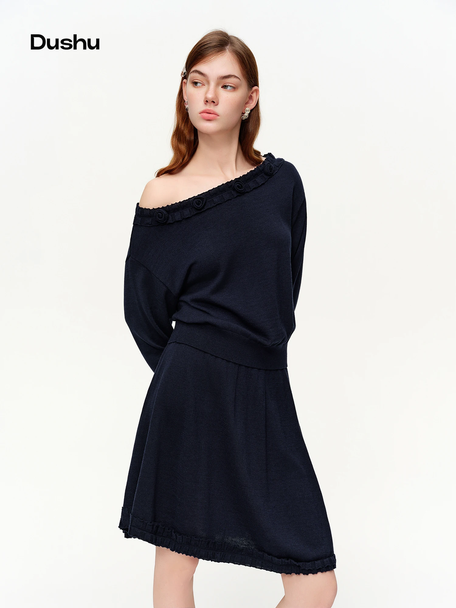 DUSHU Women's 3D Wood Ear Trimmed Knit Set Spring 2026 New Arrival Relaxed Stylish Top Short Skirt Outfit Off Shoulder knitwear