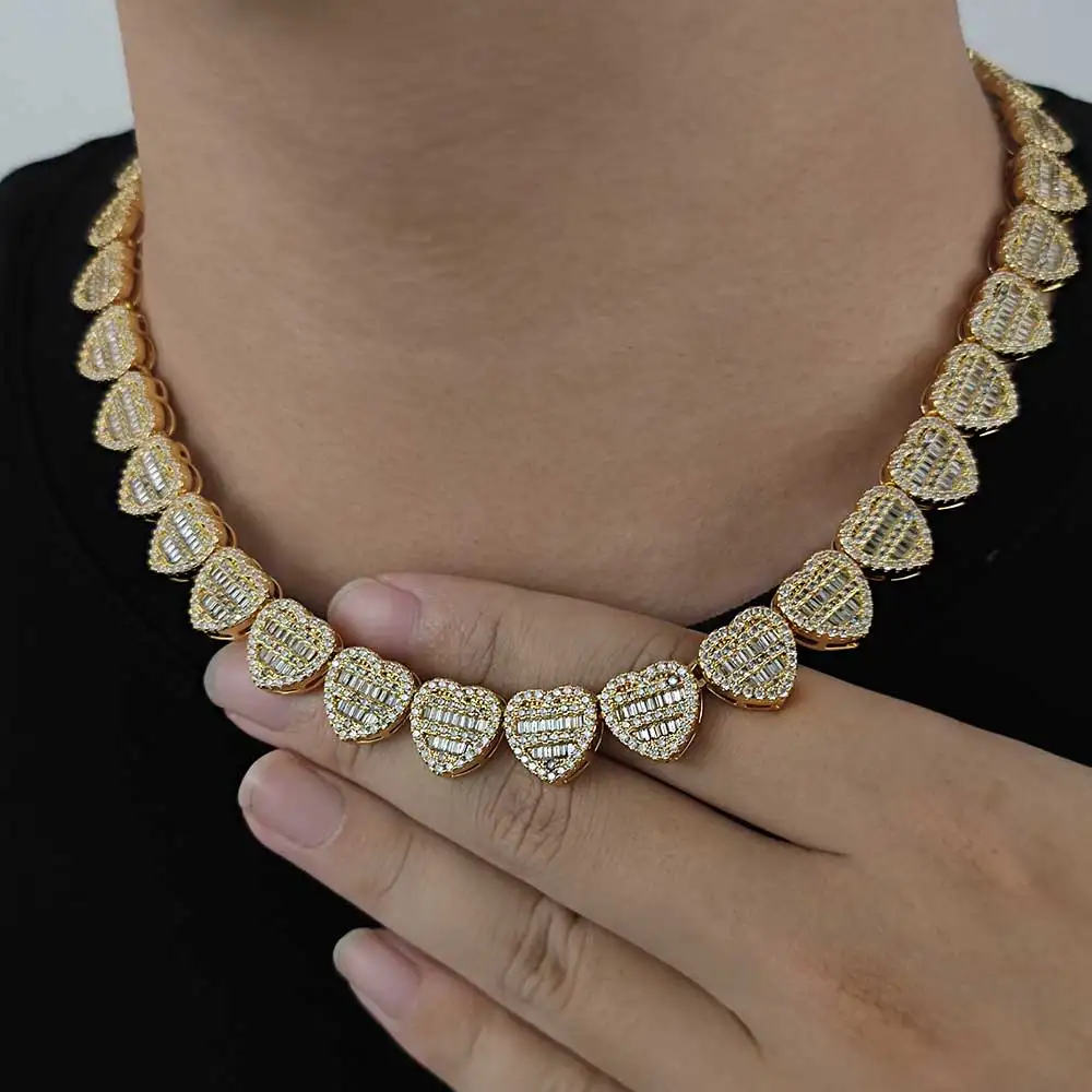 12mm Heart Tennis Collar Necklace Round Rectangle Diamond Chain Choker 18K Gold/White Gold Finish for Mens Womens Bling Jewelry