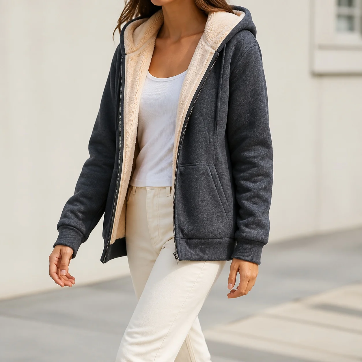 Women's And Women's Winter Clothing Sale Zip-Up Hoodie Loose Fit Long Sleeve Fleece Lined Solid Color Full Zip Pocket Casual