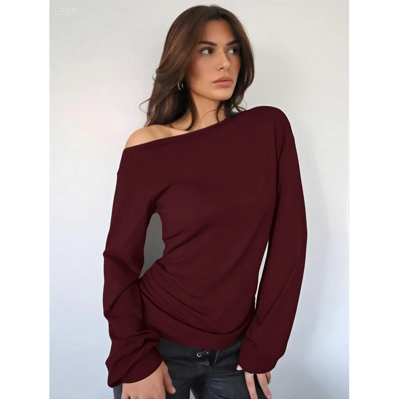 

Loose Oblique Collar T-Shirt Women's Spring 2026 Fashion Other Style Fly Sleeve Other Material 100% Cross-Border T-Shirt