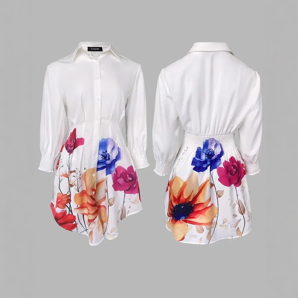 Abito a camicia con colletto rovesciato e stampa floreale da donna con pieghe pressate casual a maniche lunghe. Mini abito aderente con bottoni monopetto