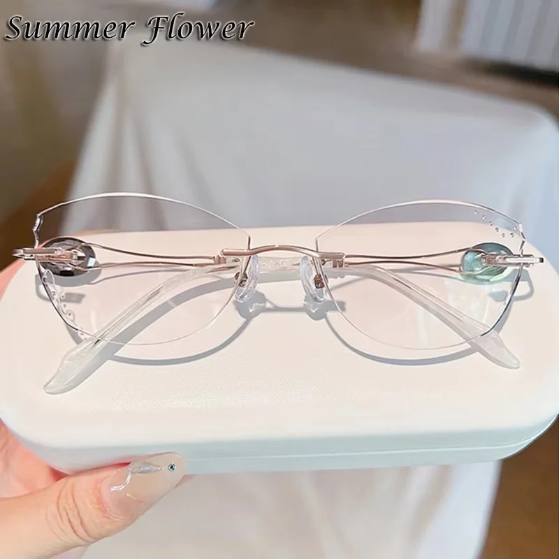 Women Rimless Diamond Eyeglasses Elegant Sunglass Luxury Durable Titanium Glasses Gradient Stone Glasses Glitter Edge Gafas