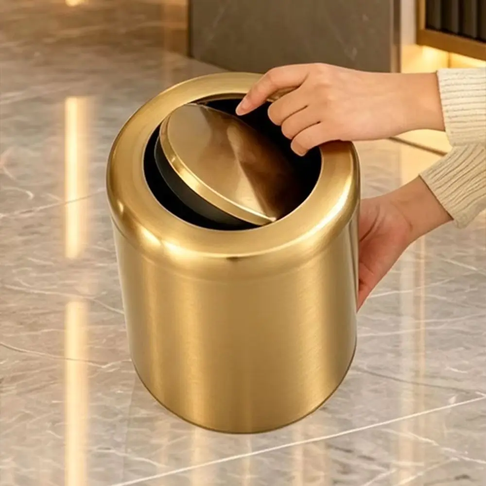 8L/2.4gal New Gold Stainless Steel Trash Can - Stylish Double-Layer Minimalist Bin for Home Living Room, Hotel