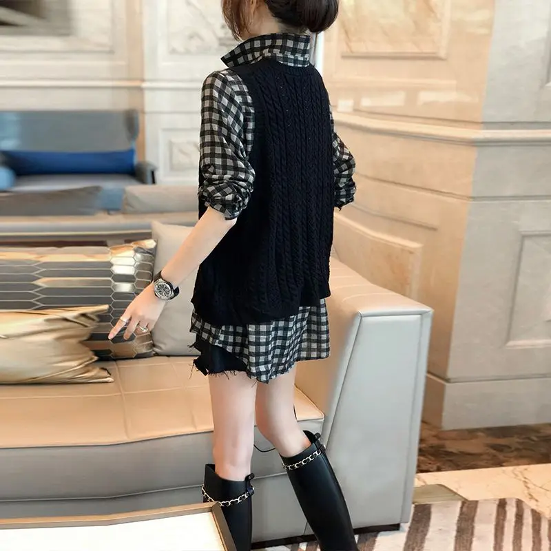 Female Clothing Plaid Polo-Neck Blouse Casual Spliced Knitted Sweater Vest Fashion Fake Two Pieces All-match Long Sleeve Shirt