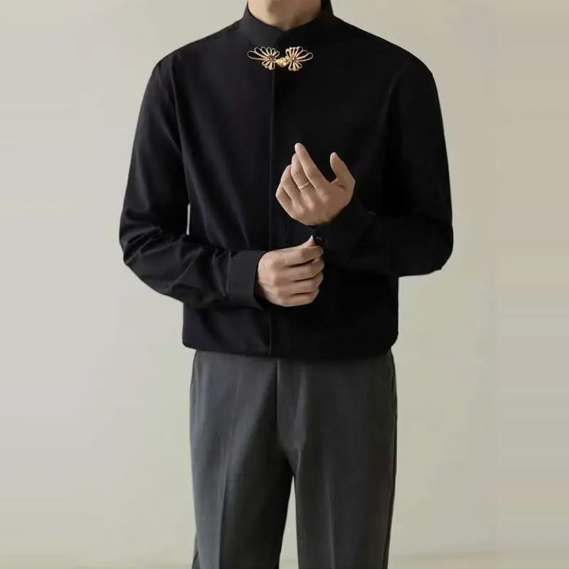 2025 New Four-season Wearable Draped Buckle Stand Collar Shirt for Men Korean Version Without Ironing Casual Stand Collar