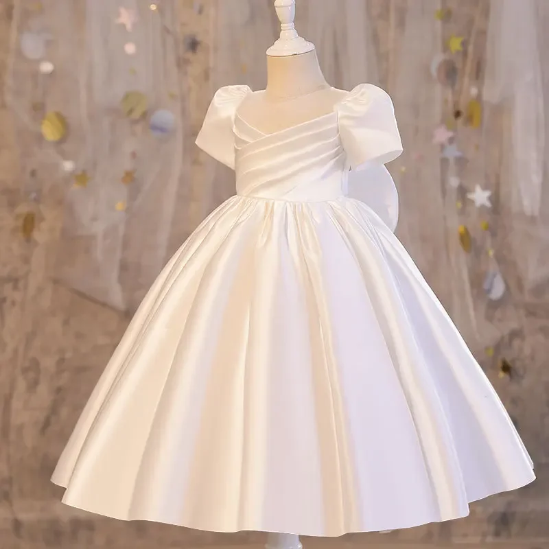 Princess Dress for Girls New Year Christmas Party White Evening Costume with Super Bow Baby Girl Dress for Ages 1-8