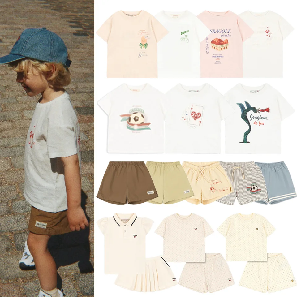 26 Summer New Style Children's Clothing Short-sleeved T-shirts Casual Duck Beachwear Shorts Polka Dot Cherry Top and Bottom Set