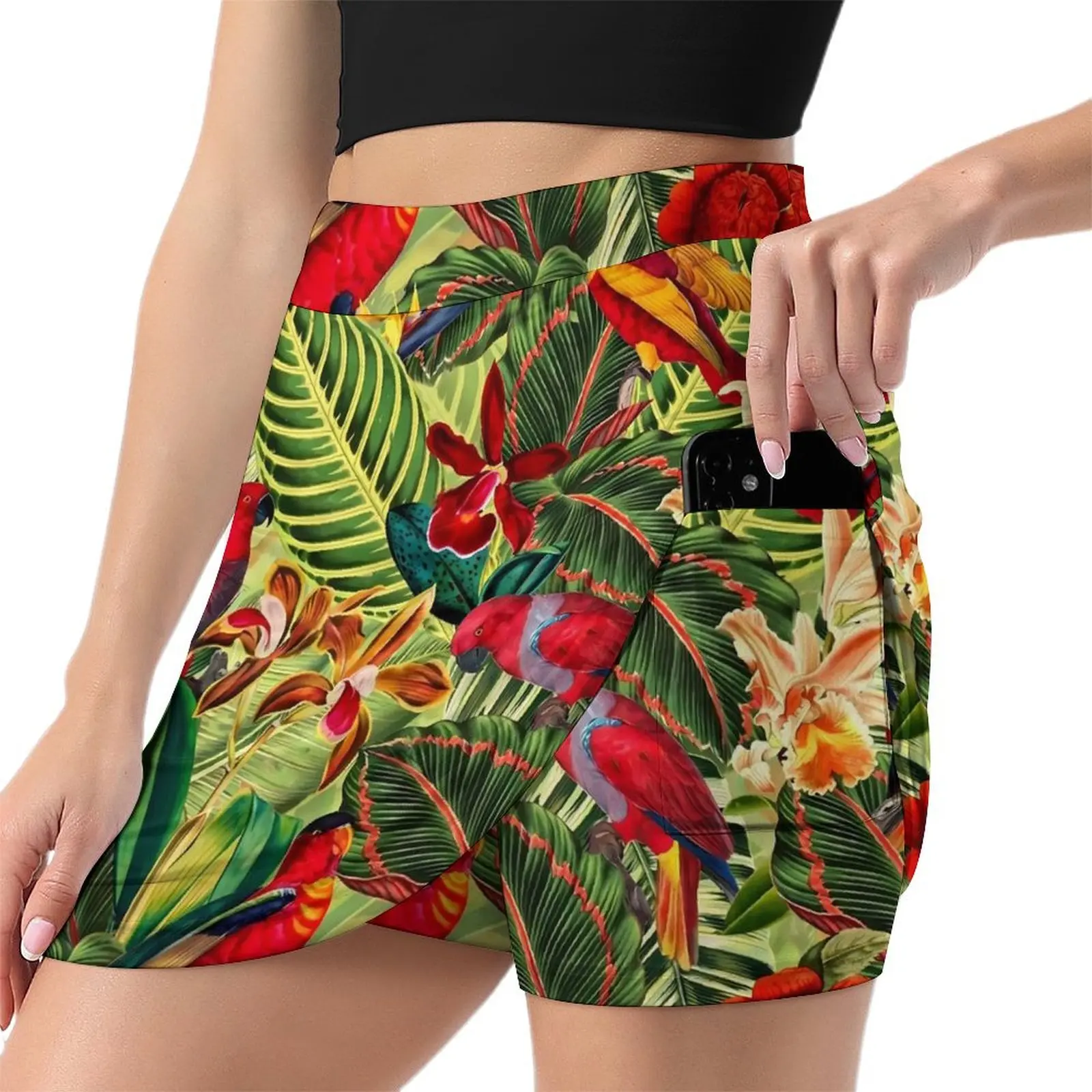 Tropical Birds Flower Skirt Leaves Print Cute Mini Skirts Summer High-waisted Graphic Harajuku Casual Skirt Big Size 3XL 4XL