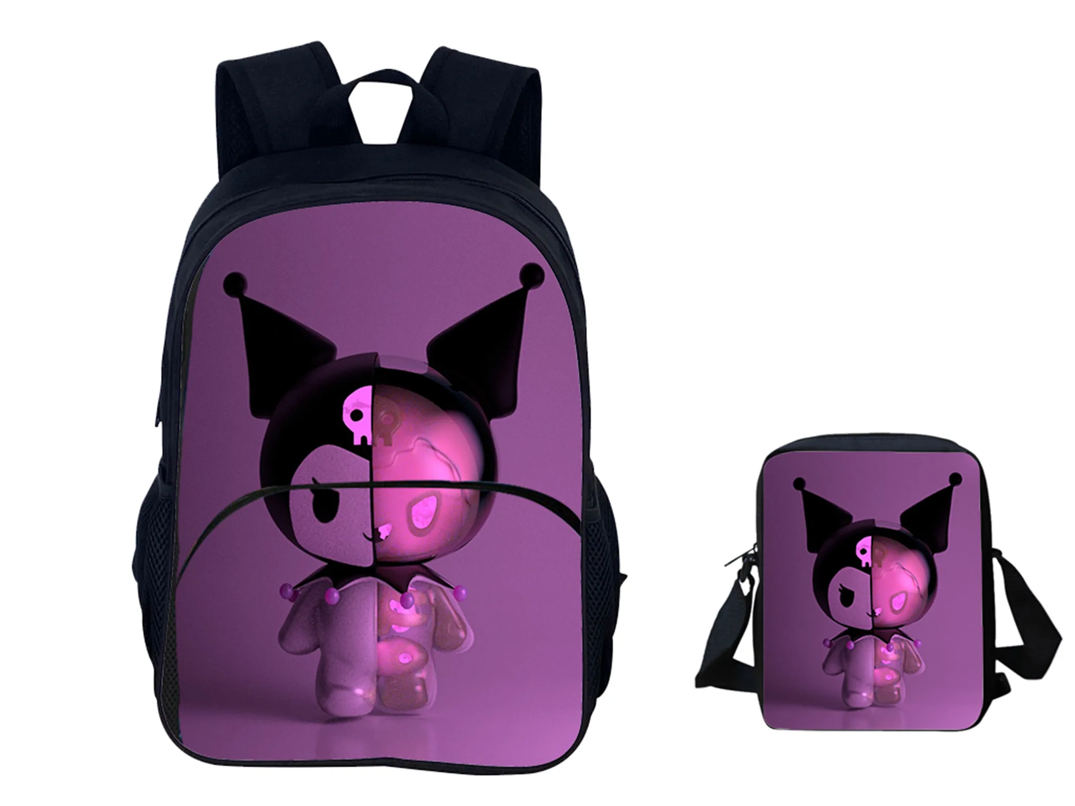 

Unisex Children Kuromi Lightweight Rucksack with Cartoon Canvas Shoulder Bag 2Pcs Set Backpack for Student