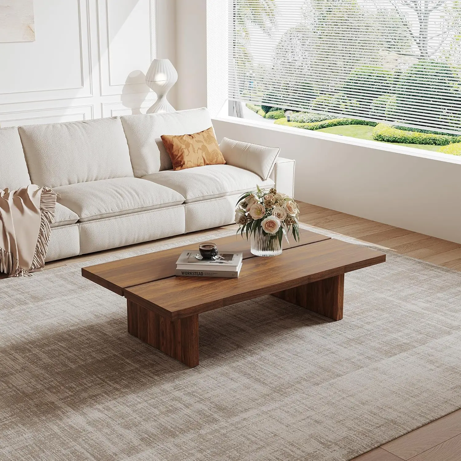 Modern Rectangle Coffee Table, Wood Living Room Table, Walnut Brown Japanese Tea Table For Home Office Apartment, 4
