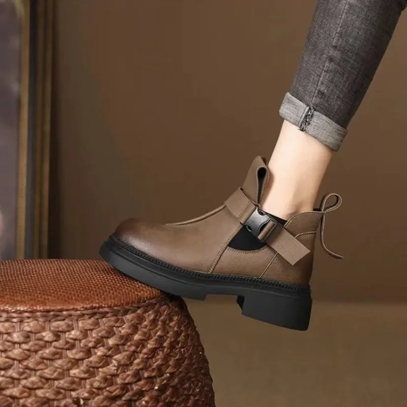 Motorcycle Boots Women Spring Autumn Single Boots Autumn Winter Short Leather Manton High Heels Retro British Style Flat image 2