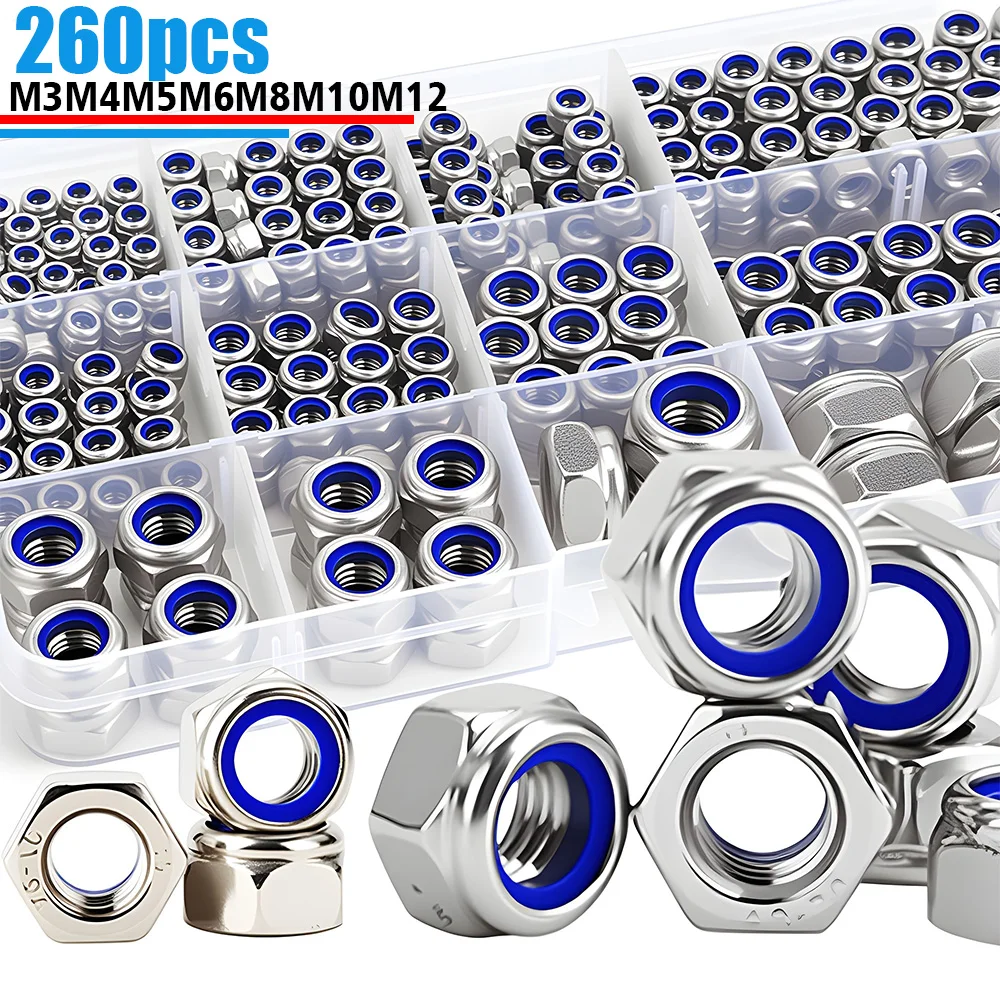 260 piezas de tuercas autoblocantes antideslizantes de acero inoxidable, tamaño M3 - M12, evitan que las tuercas se afloren por vibración.