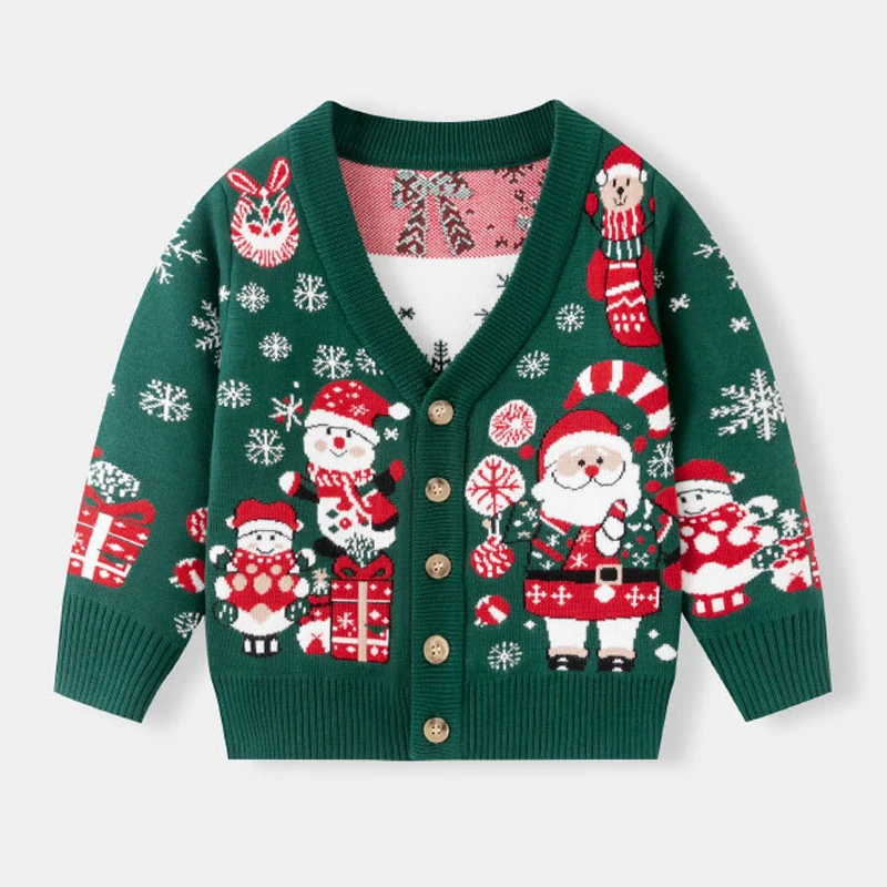 Christmas Girls Boys Woolen Sweaters Autumn Winter Snowman Snowflake Print Single-Breasted Knitted Cardigan For 2-6Years Kids