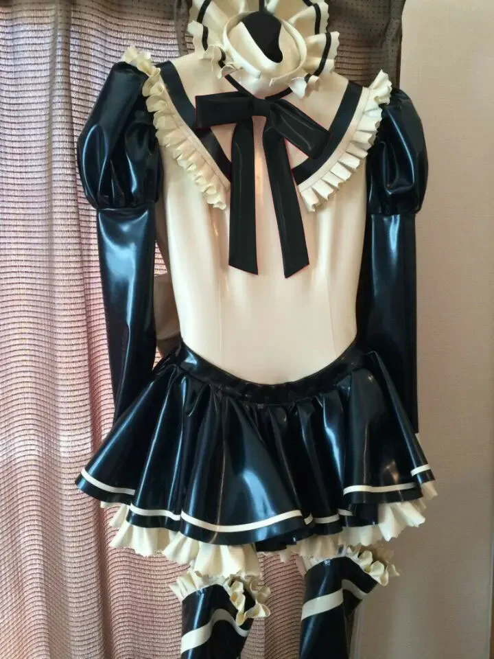 100% Latex Gummi Rubber Women  White decoration black cute dress lace design bow tie cosplay party not stockings