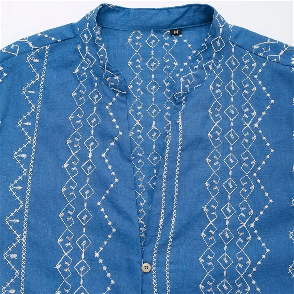 2024ZAR4 summer new women\'s niche fashion ethnic style versatile blue V-neck embroidered long sleeved shirt top