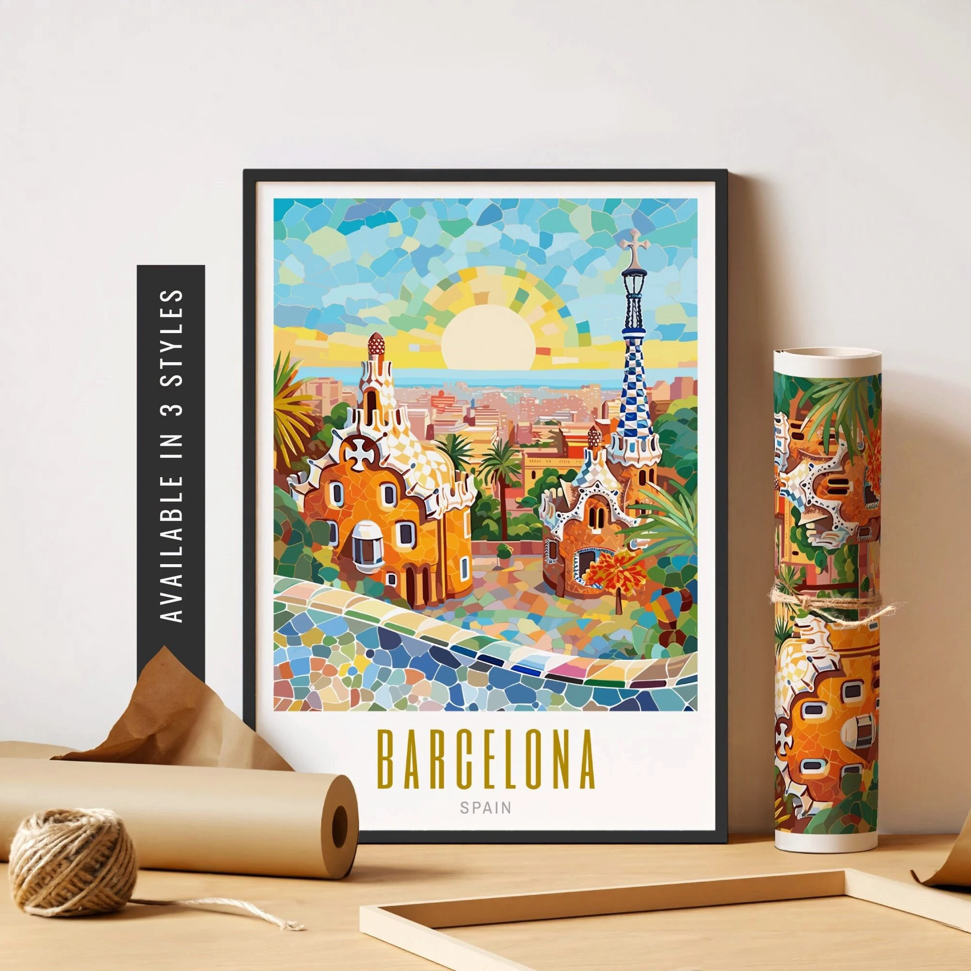 Barcelona travel poster Park Guell Spain poster Canvas painting print art Vintage city wall art Spain city mural home decor