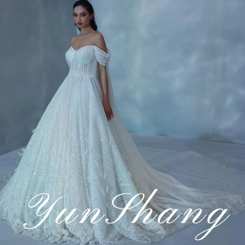 

YunShang Customized Off Shoulder Sparkle Wedding Dress Long Train Beaded Veil Bridal Gown Elegant Ceremony Attire Exquisite