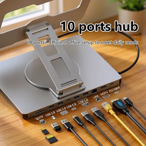Blueendless Aluminum ipad Holder 10 in 1 Docking C Hub 4K 60Hz Type C Adapter USB3.0 5Gbps 100W PD Charger For Laptop desktop
