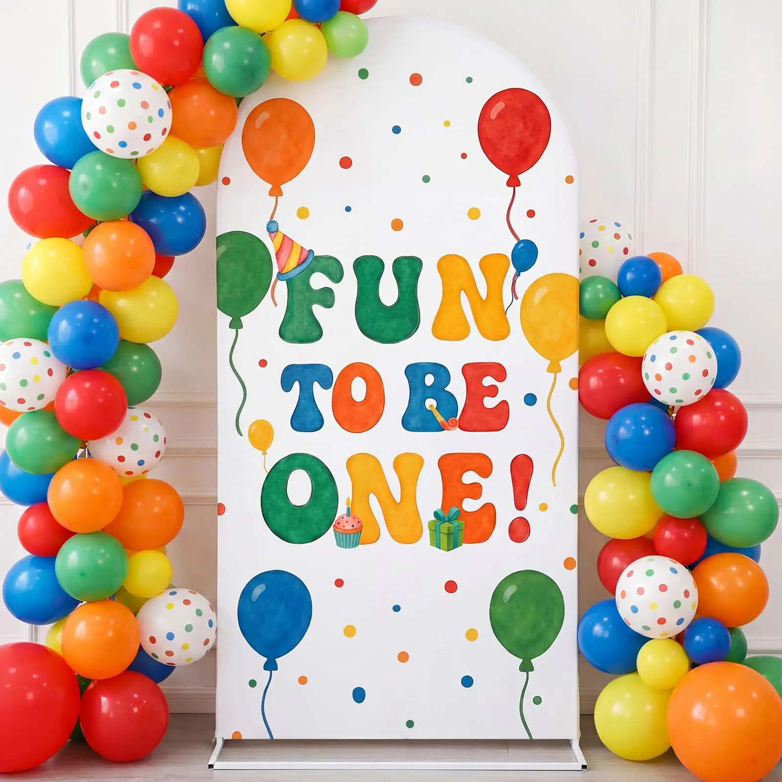 Lustiger 'Fun to Be One' Geburtstagsbogen-Hintergrund mit Niedlichen Bunten Luftballons und Punkten für Kinder-Erstgeburtstag, Babyparty-Dekoration und Foto-Requisiten