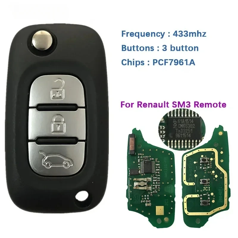 for Renault Samsung“SM3” Fluence 2009-2015 433MHz PCF7961 Chip 3 Buttons Flip Folding Smart Remote Car Key